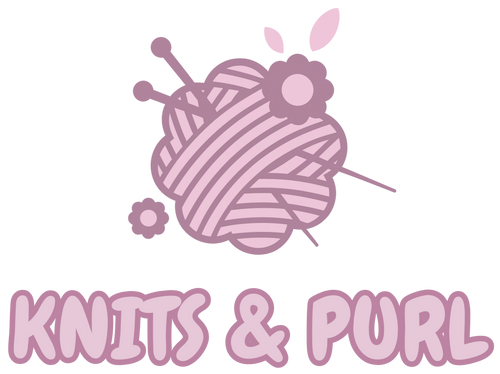 Logo with yarn ball and knitting needles on a white background, featuring the text 'Knits & Purl'.